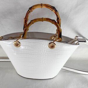 NEW ALDO White Sicia Satchel Bag crocodile-embossed faux leather bamboo handles